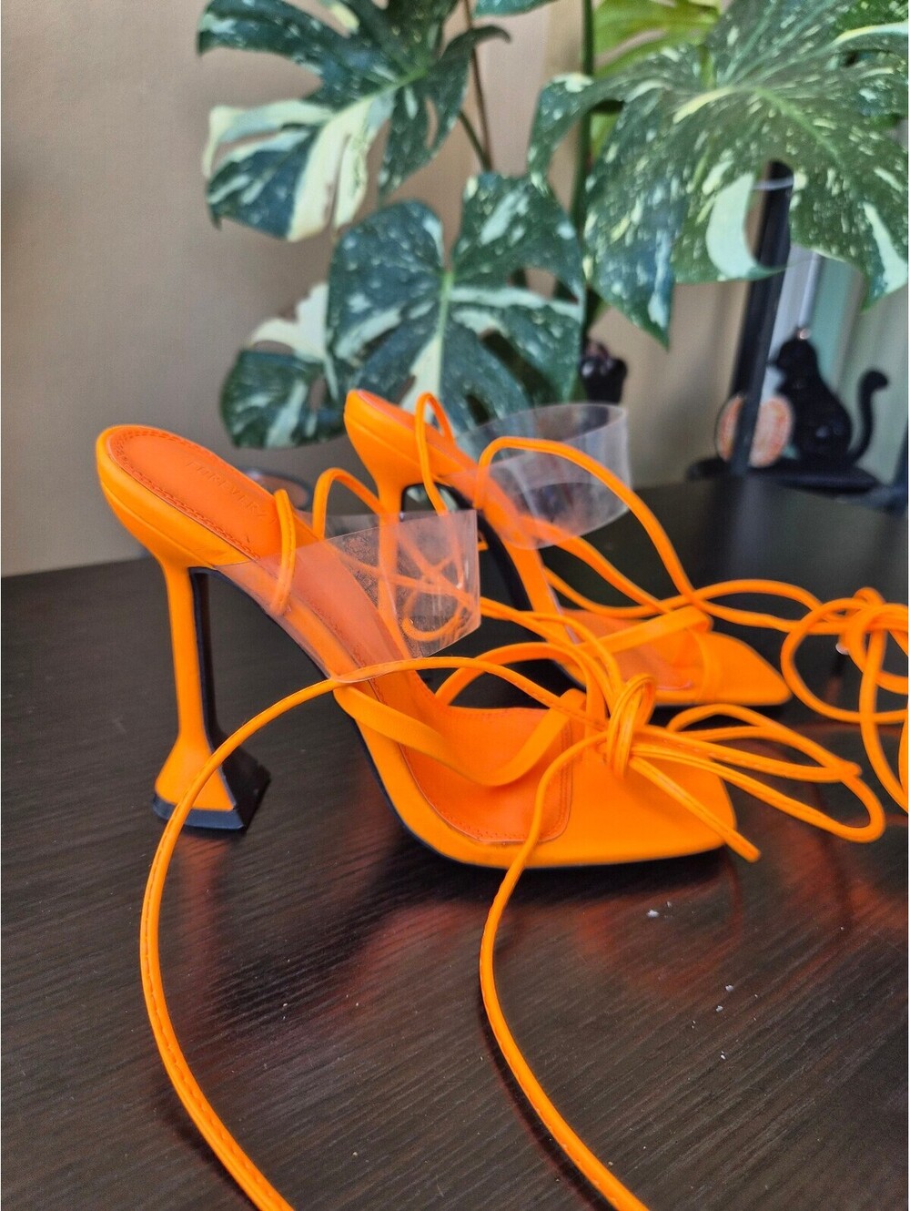 Forever 21 Neon Orange Clear Strap Lace-Up Heeled Sandals Size 8